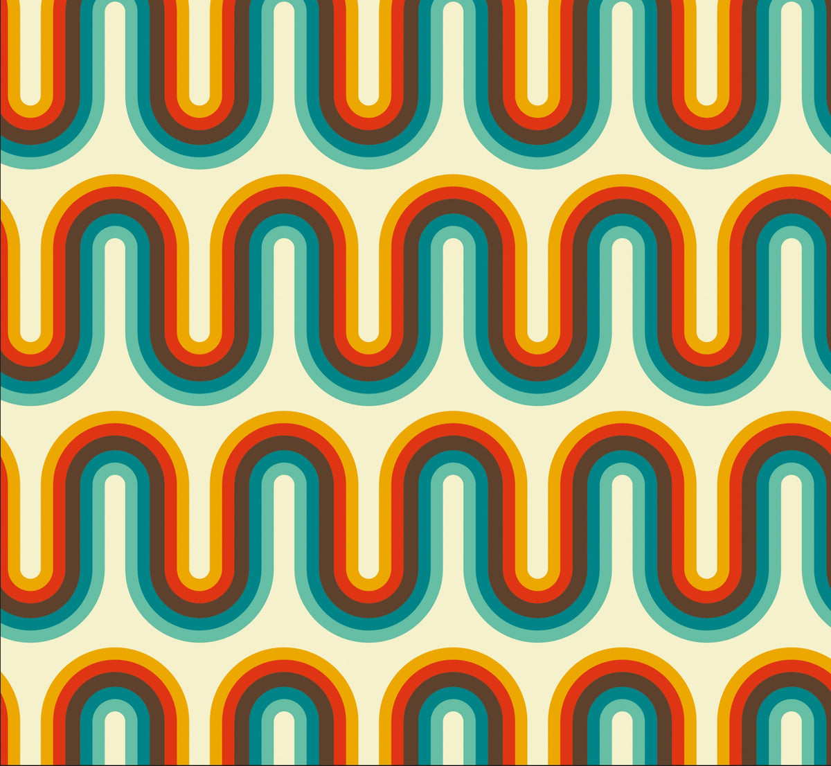 A retro wave patterned vinyl wrap for furniture in shades of blue, orange, and red.
