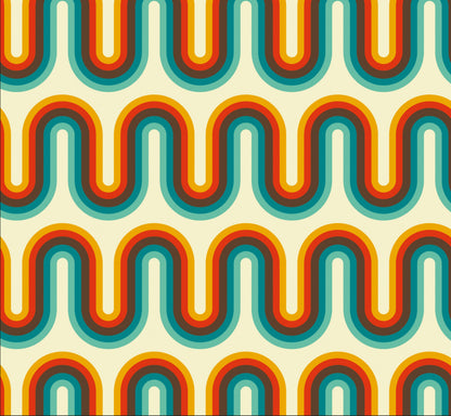 A retro wave patterned vinyl wrap for furniture in shades of blue, orange, and red.