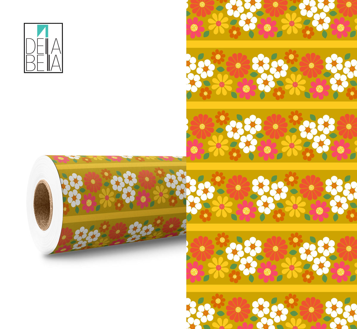 A roll of sticky back plastic vinyl wrap with a retro floral pattern in yellow, red, and green colors.