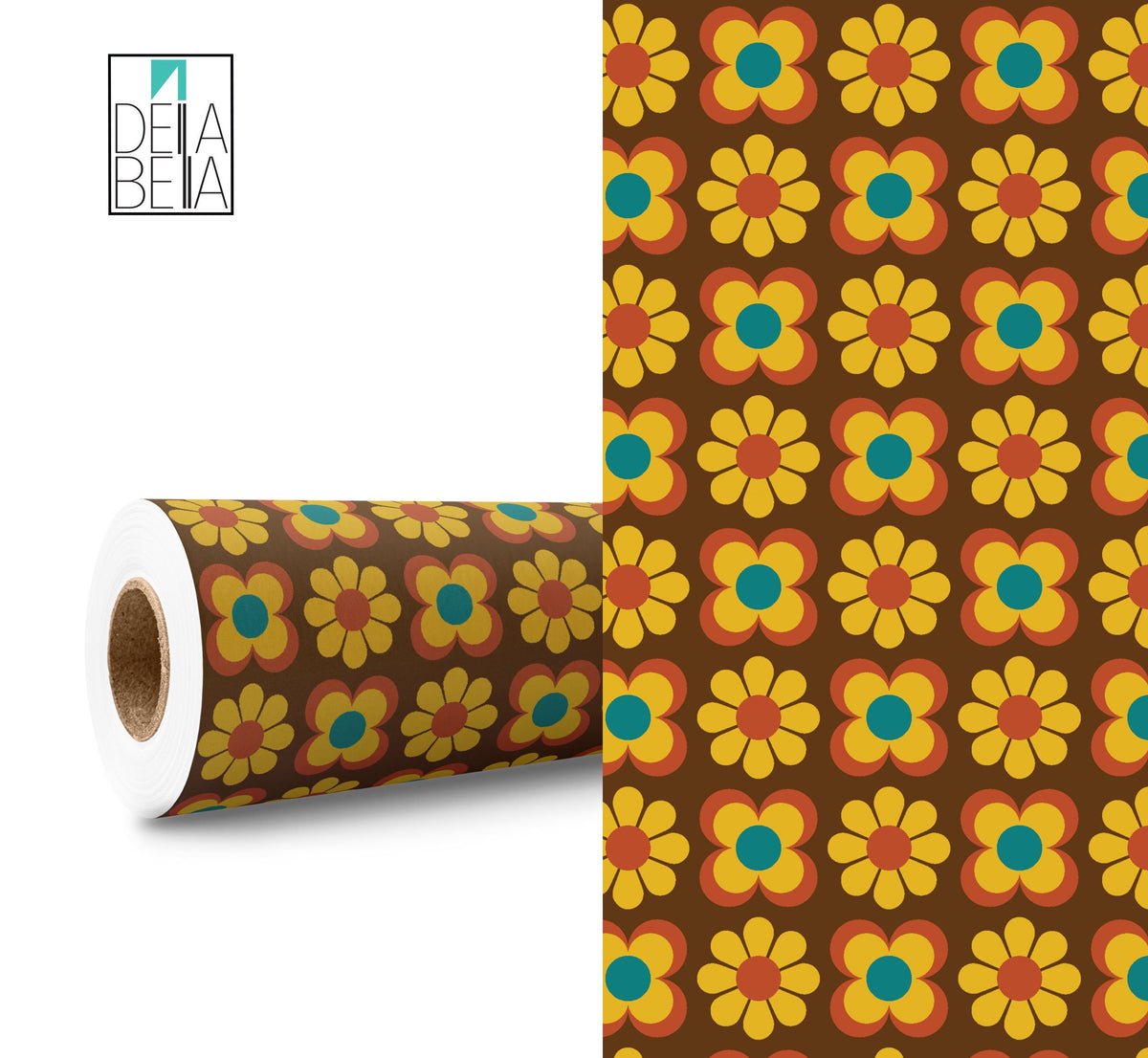 A roll of vintage flowers patterned vinyl wrap for furniture, showing a close-up of the adhesive film with a floral design.