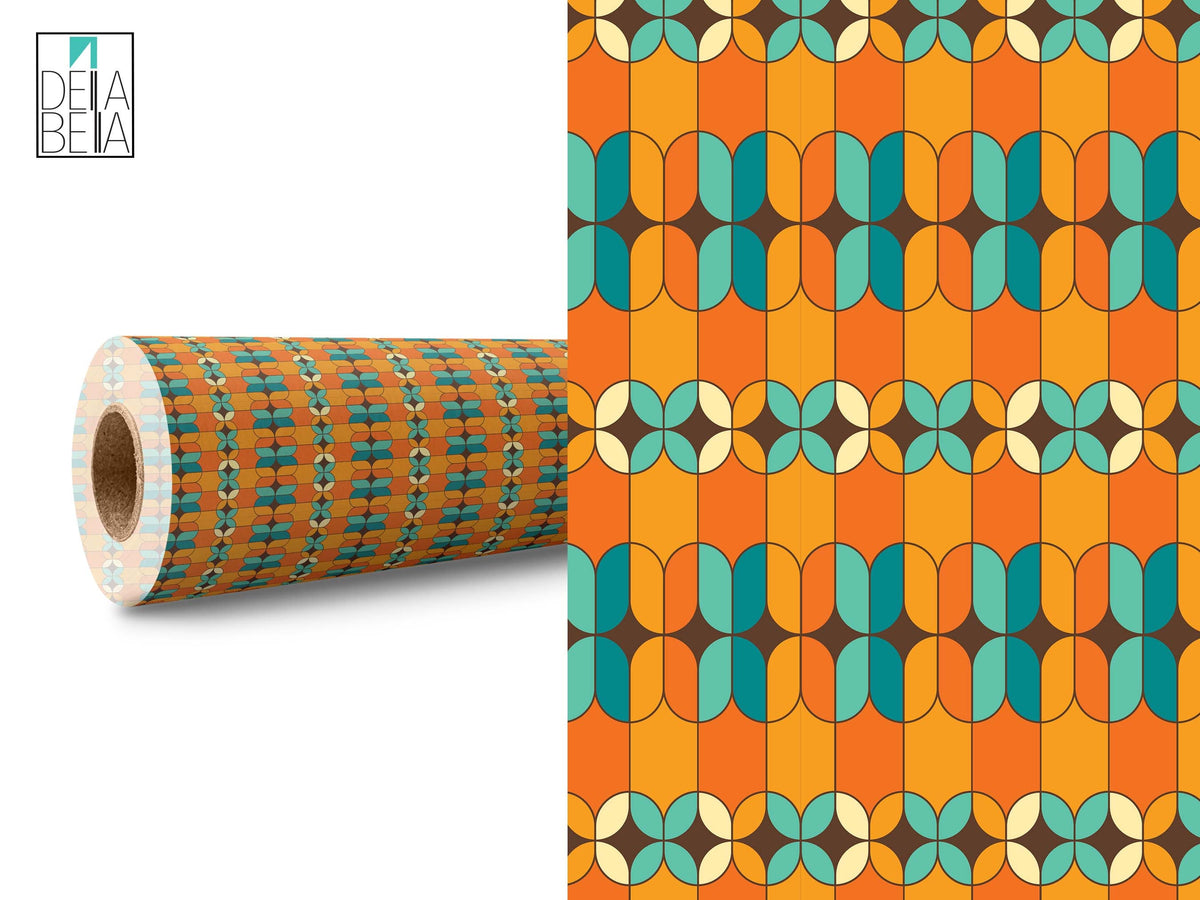 A roll of vinyl with a geometric pattern featuring retro cylinder shapes in orange, turquoise, and other colors, designed for use in home decor and upcycling projects.
