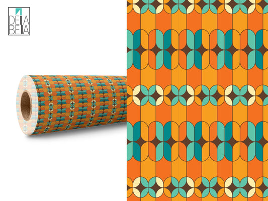 A roll of vinyl with a geometric pattern featuring retro cylinder shapes in orange, turquoise, and other colors, designed for use in home decor and upcycling projects.