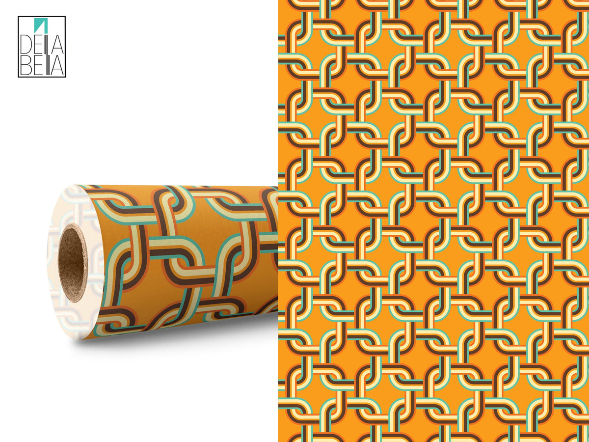 A rolled up vinyl wrap with a geometric retro pattern featuring orange, white, and black colors, designed for use on furniture, walls, laptops, and doors.
