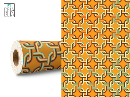 A rolled up vinyl wrap with a geometric retro pattern featuring orange, white, and black colors, designed for use on furniture, walls, laptops, and doors.