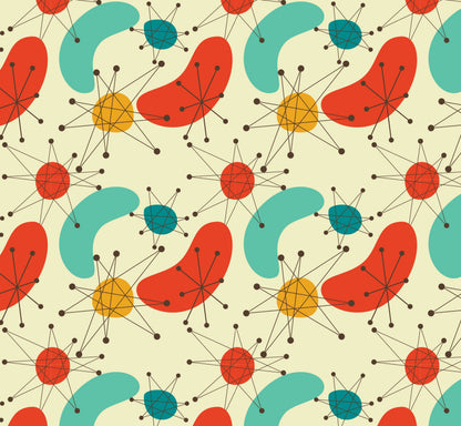 A colorful vinyl wrapping featuring a mid-century modern geometric pattern with stars and bubbles on a beige background.