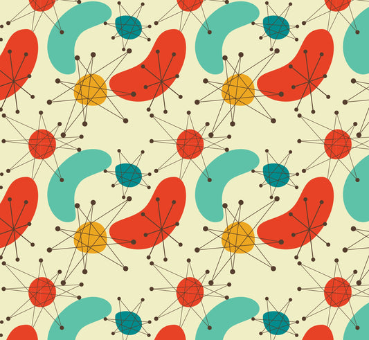 A colorful vinyl wrapping featuring a mid-century modern geometric pattern with stars and bubbles on a beige background.