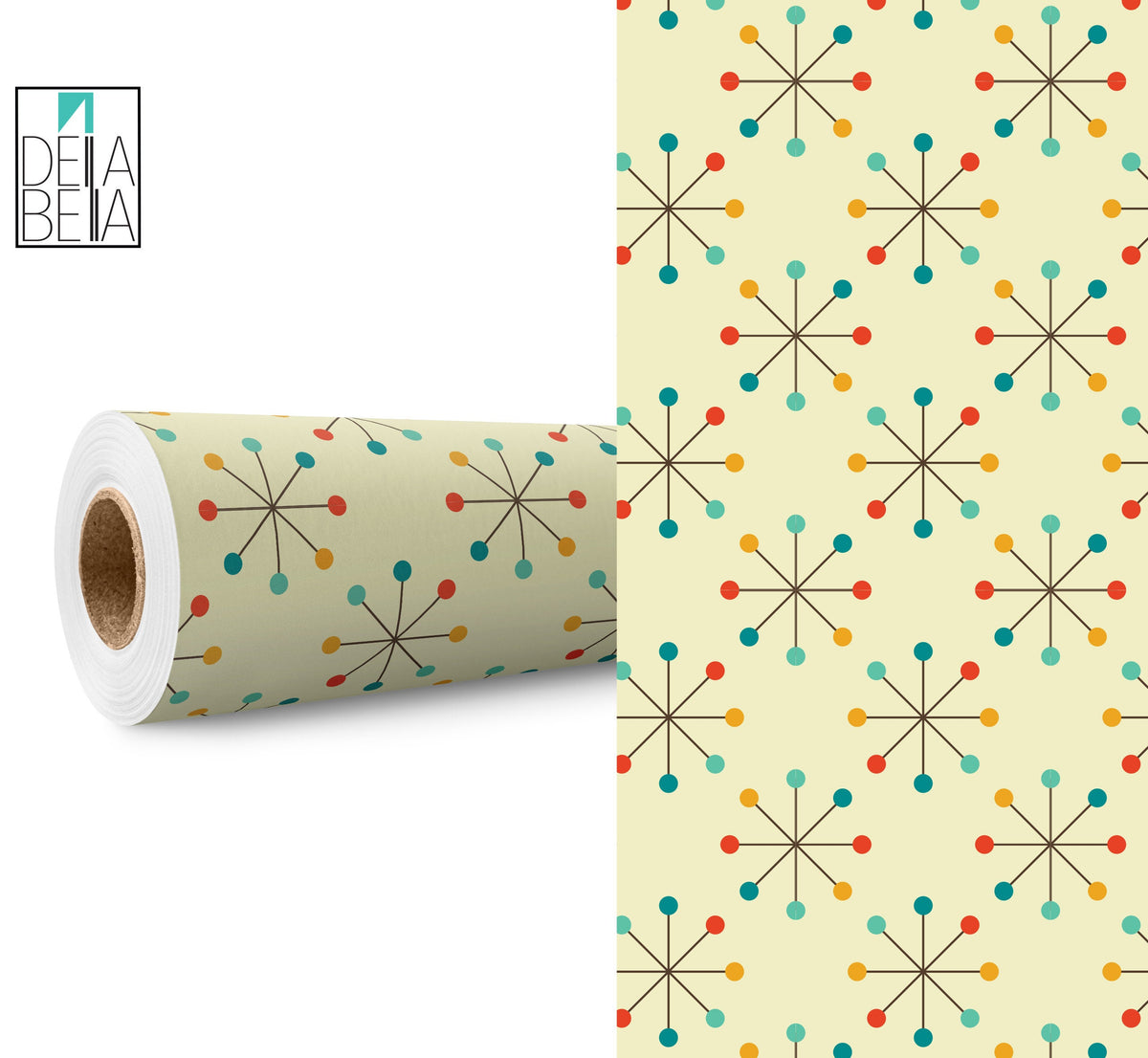 A roll of vinyl wrap with a mid-century geometric pattern featuring multicolored stars on a beige background, branded by Della Bella.