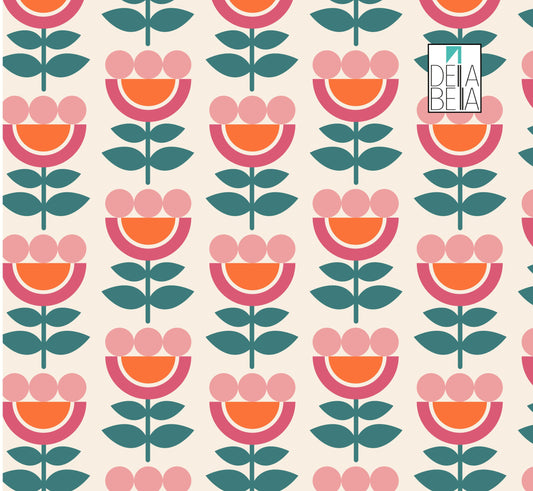 A vinyl wrap with a retro 60s daisy flower pattern in orange, pink, and green colors on a beige background, with the brand logo 'Della' visible.