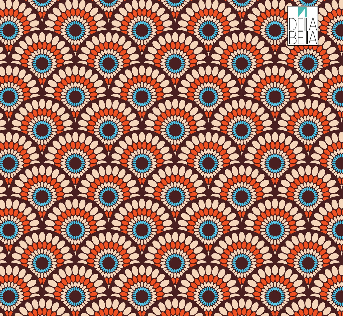 A vinyl wrapping with a geometric pattern featuring sun-like designs in orange, blue, and brown on a brown background.