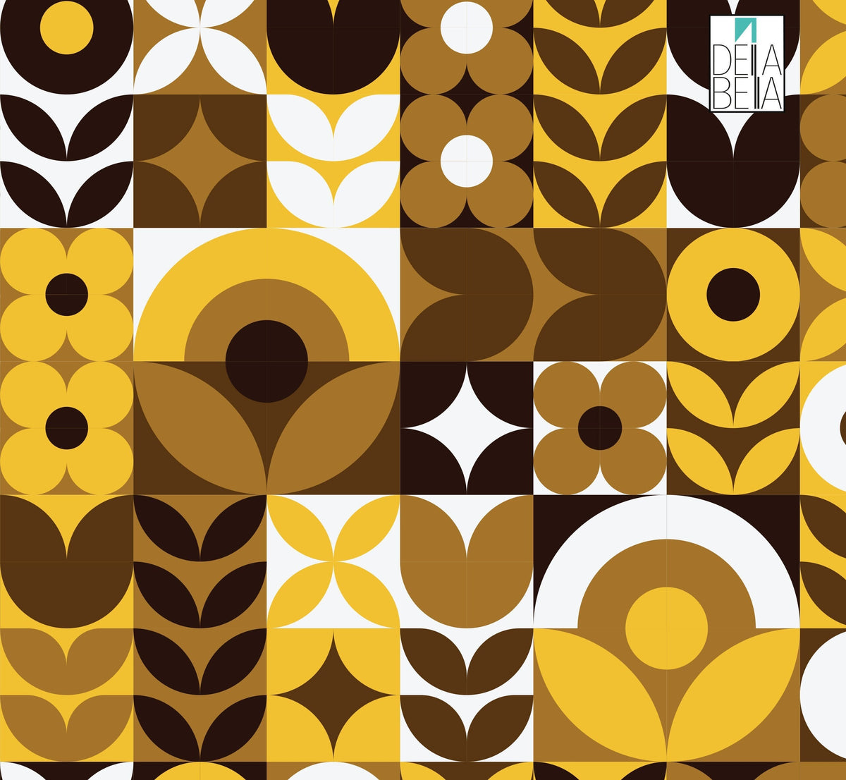 A geometric patterned vinyl wrap featuring various retro circle designs in brown, beige, and white colors.