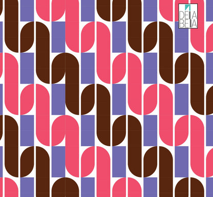A digital image showing a piece of vinyl with a geometric pattern consisting of curved shapes in pink, purple, and brown on a white background.