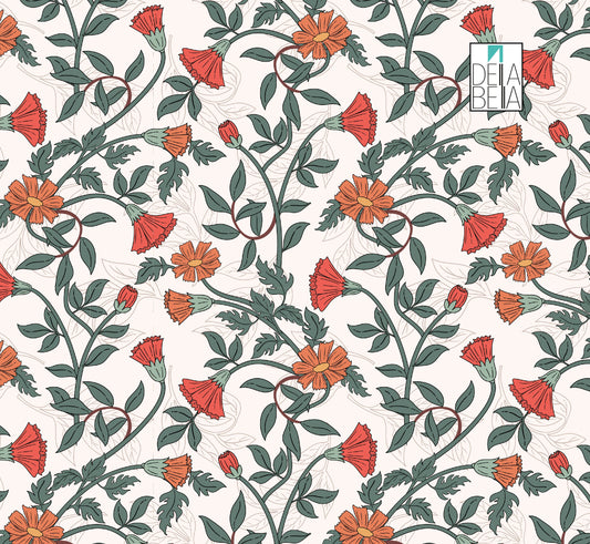 A vinyl wrap with a vintage floral pattern featuring orange and pink flowers on a white background.