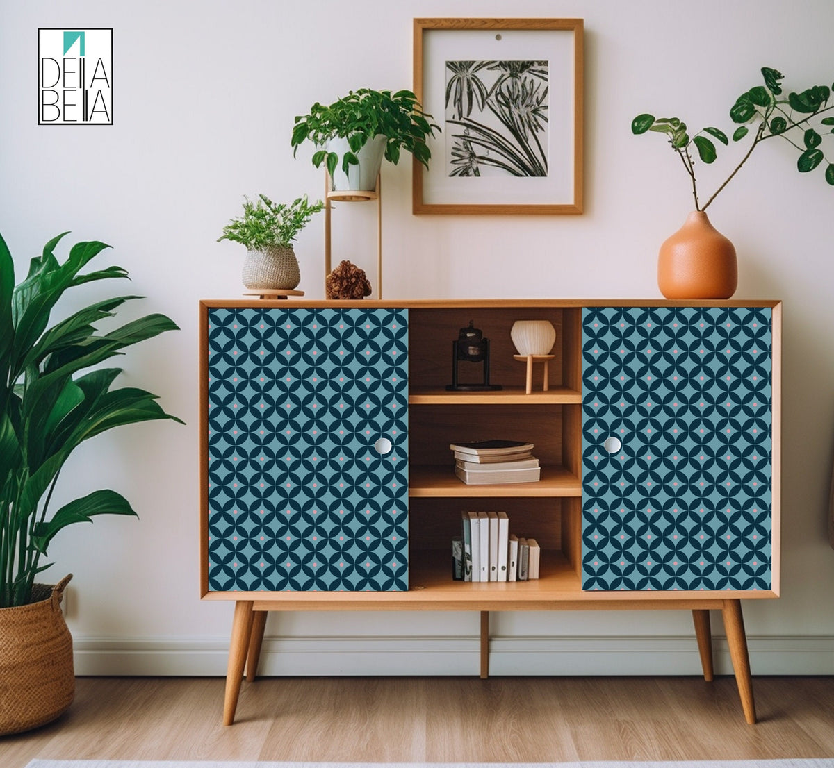 A vinyl wrap with a geometric pattern featuring blue and white colors, applied on a flat surface of a furniture piece, within a home decor setting.
