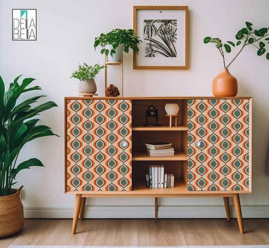 A room setting showing a sideboard with retro vintage vinyl wrap, surrounded by decorative items and plants.