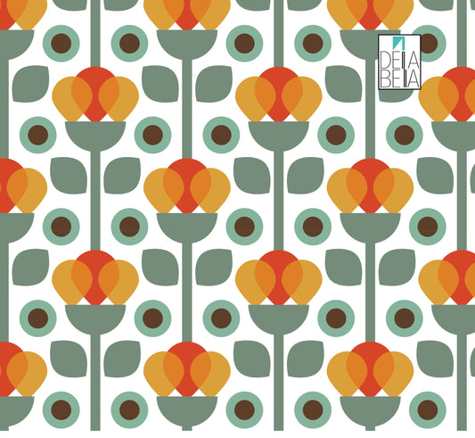 A vintage vinyl wrap featuring a bohemian geometric floral pattern in shades of orange, green, and gray.
