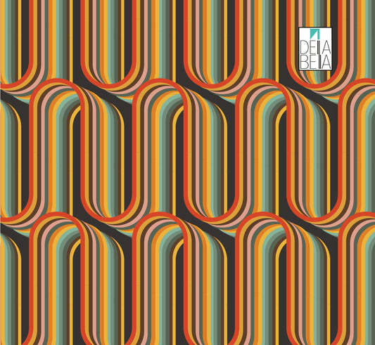 A sample of vinyl wrap featuring a geometric pattern with vintage inspired colors like orange, green, and yellow.