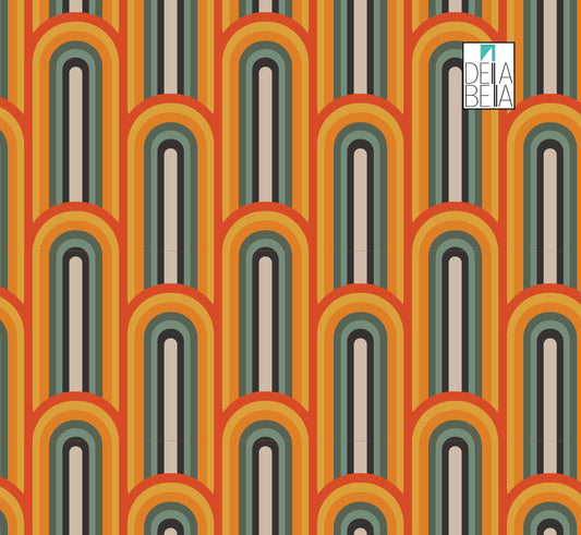 A vinyl wrap with a vintage geometric pattern featuring bohemian inspired designs, in colors orange, green, gray, and other multicolor variations.