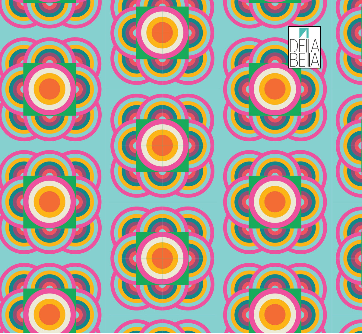 A vinyl wrap with a retro geometric floral pattern in vibrant colors applied to a surface.
