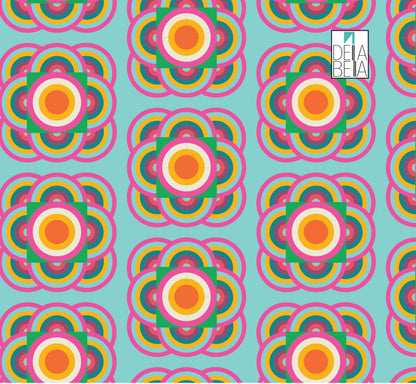 A vinyl wrap with a retro geometric floral pattern in vibrant colors applied to a surface.
