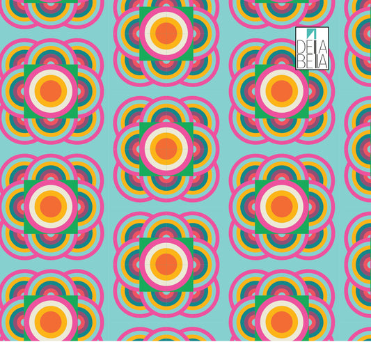 A vinyl wrap with a retro geometric floral pattern in vibrant colors applied to a surface.