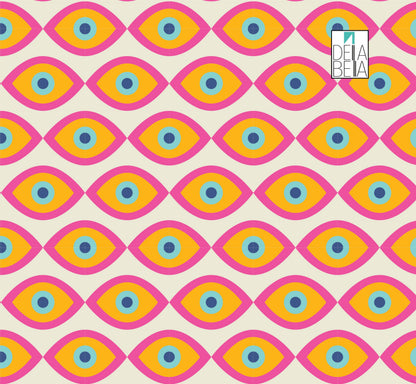 A vinyl wrap featuring a geometric pattern with colorful eye shapes on a white background.