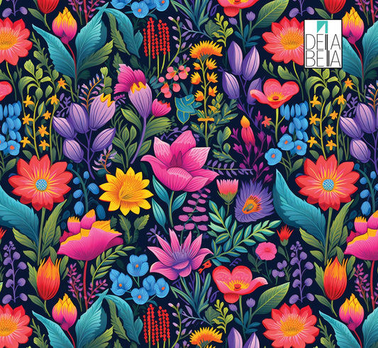 A colorful vinyl wrap featuring a floral pattern, with an array of vibrant flowers and green foliage.