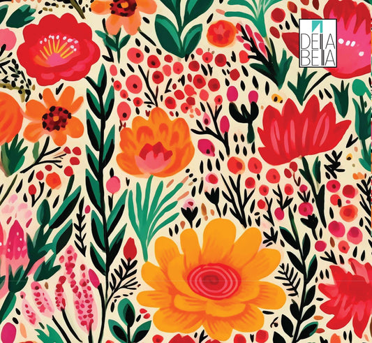 A colorful vinyl wrap featuring a floral pattern with various colors such as red, orange, green, and yellow on a beige background.