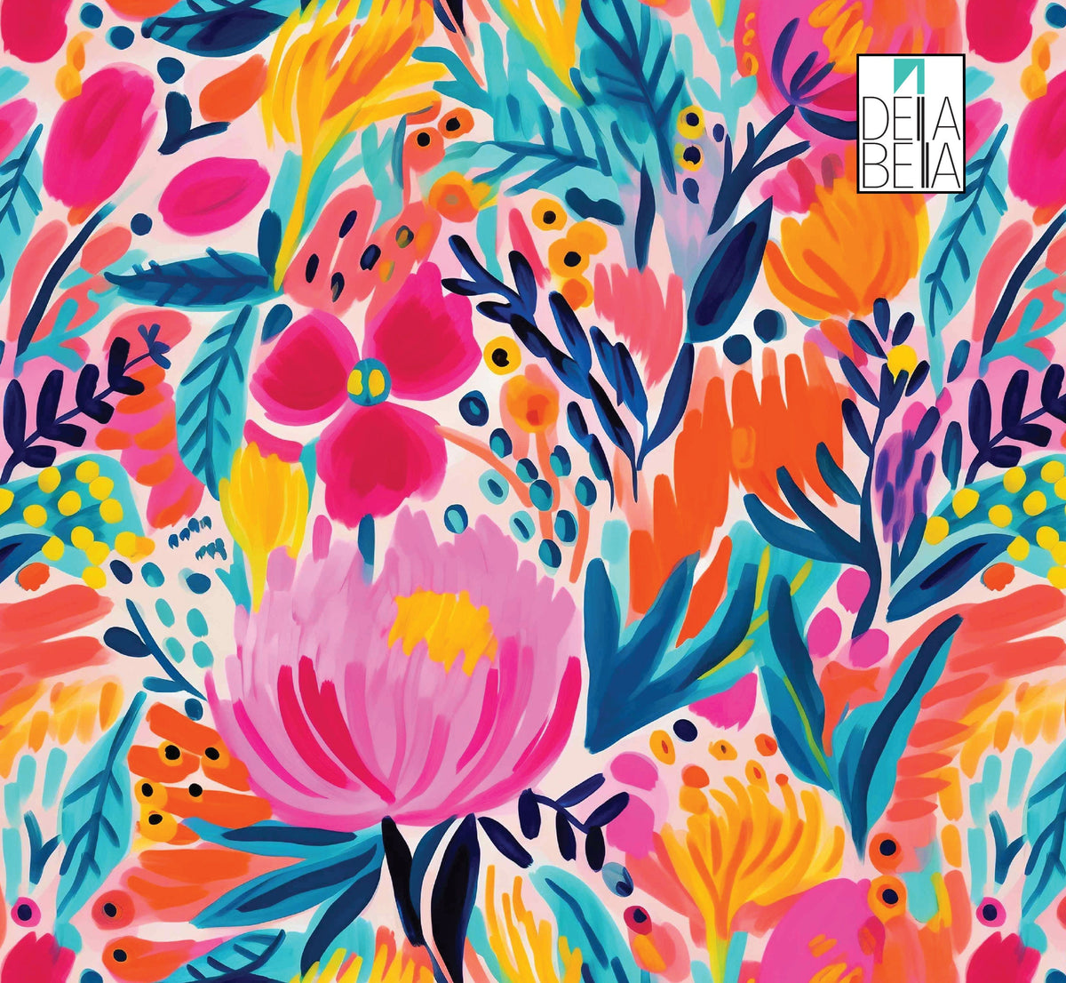 A colorful floral maximalist design vinyl wrap for furniture, featuring a variety of bold flowers and foliage.