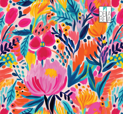 A colorful floral maximalist design vinyl wrap for furniture, featuring a variety of bold flowers and foliage.