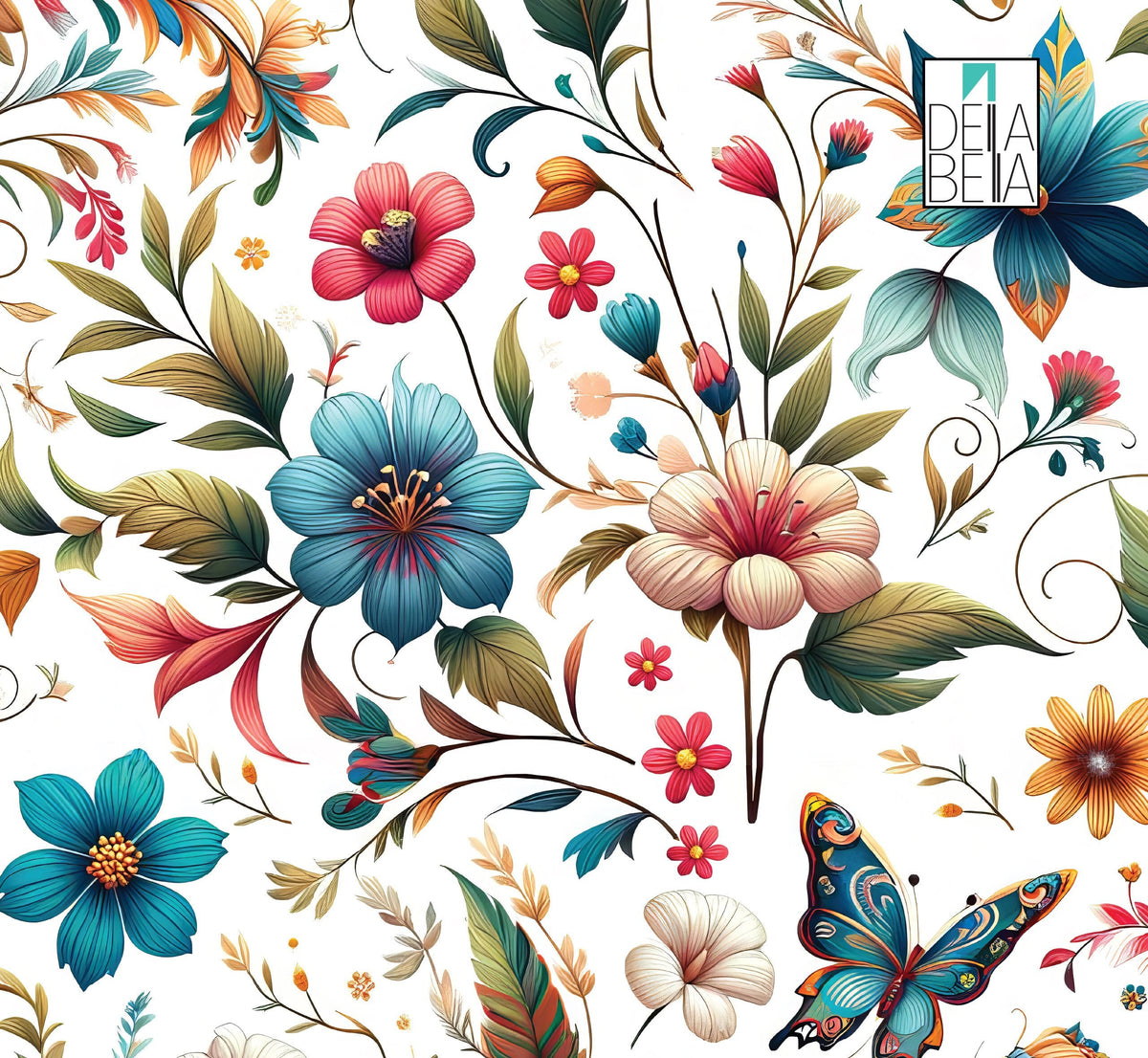 A colorful vinyl wrap featuring a floral pattern with various flowers and butterflies on a white background.