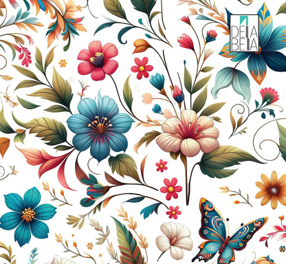 A colorful vinyl wrap featuring a floral pattern with various flowers and butterflies on a white background.