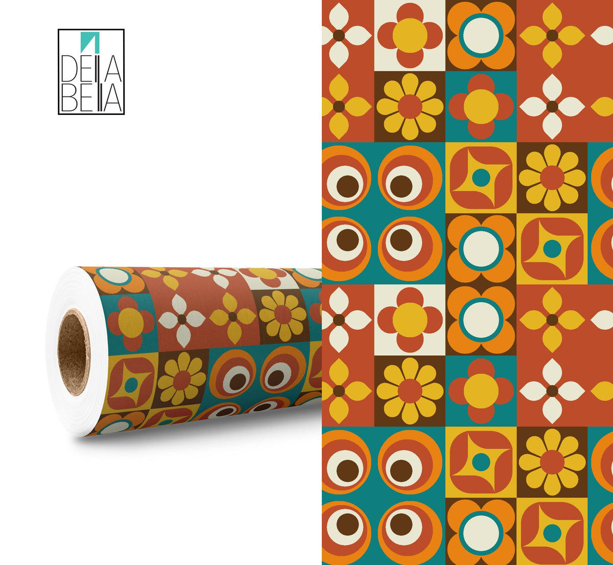 A roll of vinyl wrap with a geometric retro design featuring various shapes and colors such as orange, yellow, brown, and white.
