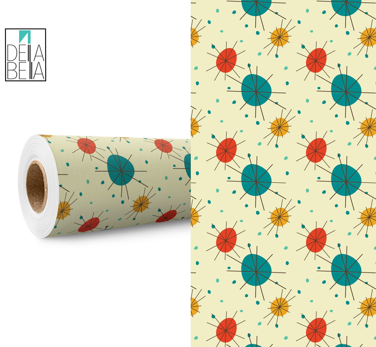 A roll of vinyl wrap with a mid-century geometric pattern featuring colorful circles on a beige background, alongside a close-up view of the pattern.