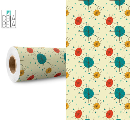 A roll of vinyl wrap with a mid-century geometric pattern featuring colorful circles on a beige background, alongside a close-up view of the pattern.