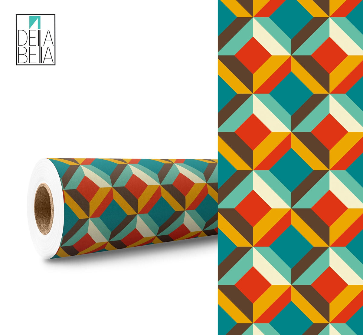 A roll of vinyl wrap with a geometric pattern featuring squares in red, blue, and yellow, designed for use in home decor projects such as furniture wrapping.