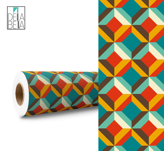 A roll of vinyl wrap with a geometric pattern featuring squares in red, blue, and yellow, designed for use in home decor projects such as furniture wrapping.