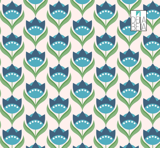A vintage retro tulip pattern vinyl wrap in blue and green colors on a white background, designed for use on furniture or other surfaces.