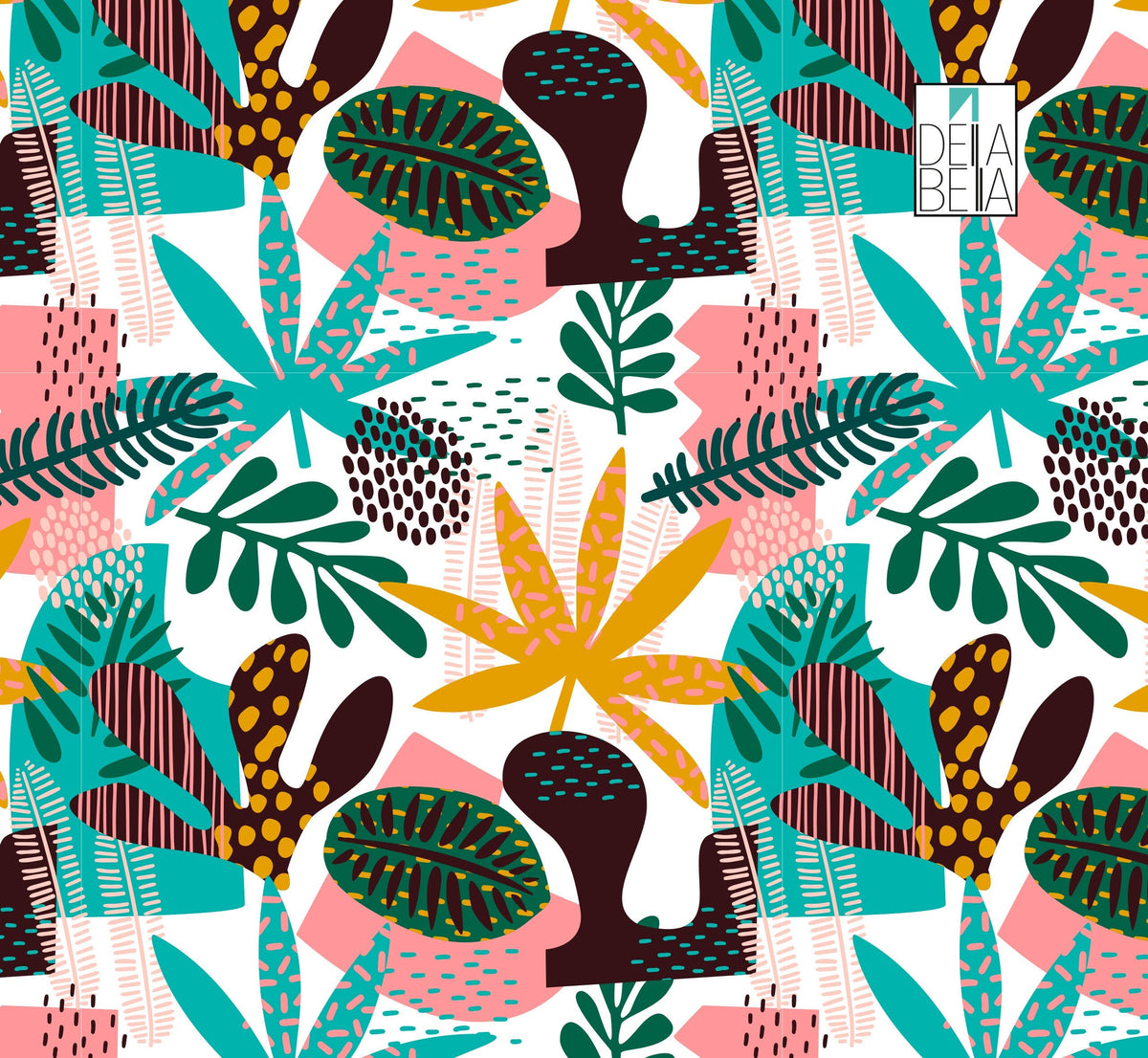 A self-adhesive film with a tropical design, featuring various colorful leaves and botanical patterns, intended for use on furniture surfaces.