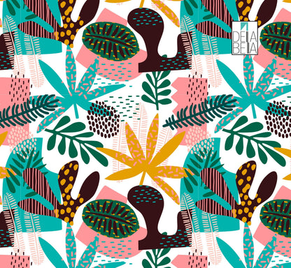 A self-adhesive film with a tropical design, featuring various colorful leaves and botanical patterns, intended for use on furniture surfaces.