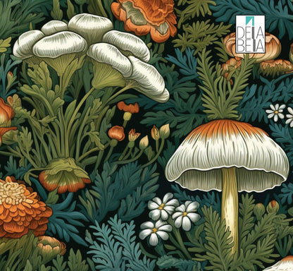 A vinyl wrapping featuring a maximalist design with various mushrooms, flowers, and foliage in a colorful palette.