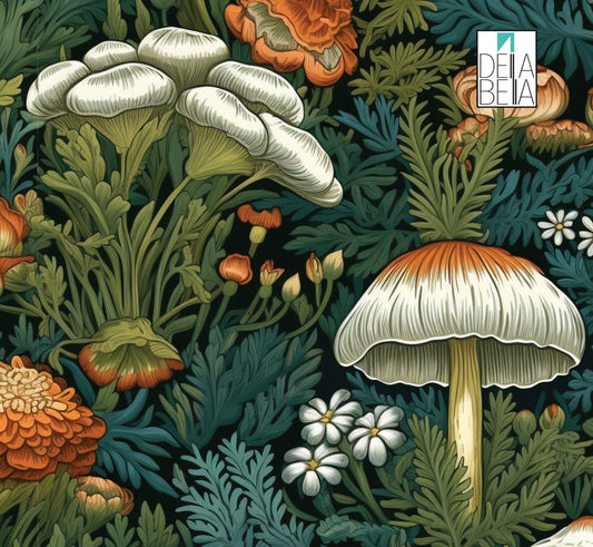 A vinyl wrapping featuring a maximalist design with various mushrooms, flowers, and foliage in a colorful palette.