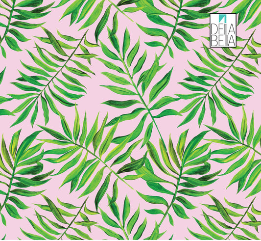 A vinyl wrap featuring a boho floral pattern with various shades of green leaves on a pink background, indicating the product is for furniture upcycling and decoration.