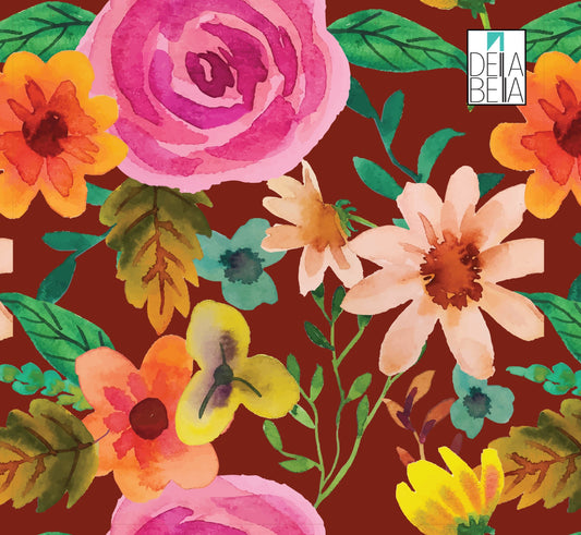 A vinyl wrap featuring a maximalist floral pattern with a variety of colorful flowers on a brown background.