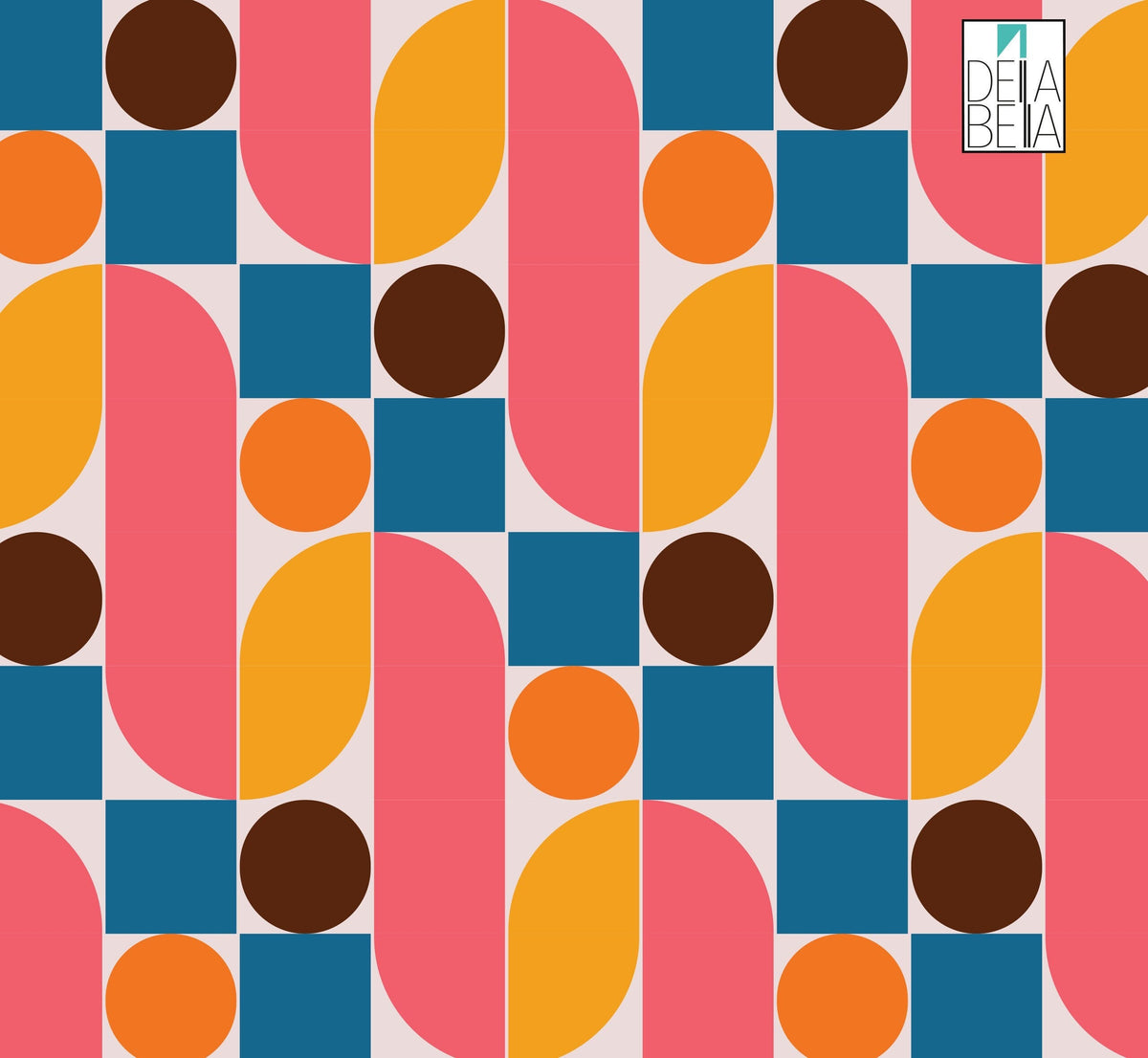 A colorful geometric patterned vinyl wrap featuring various shapes in shades of blue, orange, pink, and brown.