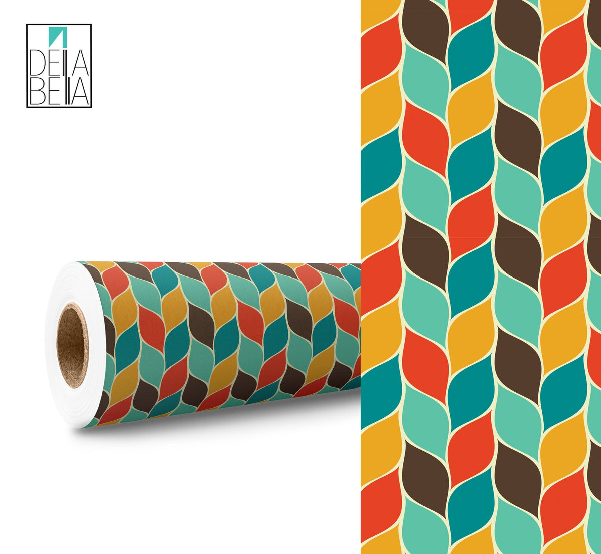 A roll of multicolored geometric patterned vinyl wrap for furniture and other surfaces.