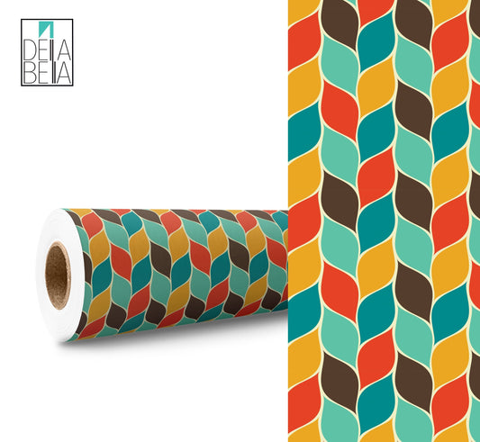 A roll of multicolored geometric patterned vinyl wrap for furniture and other surfaces.