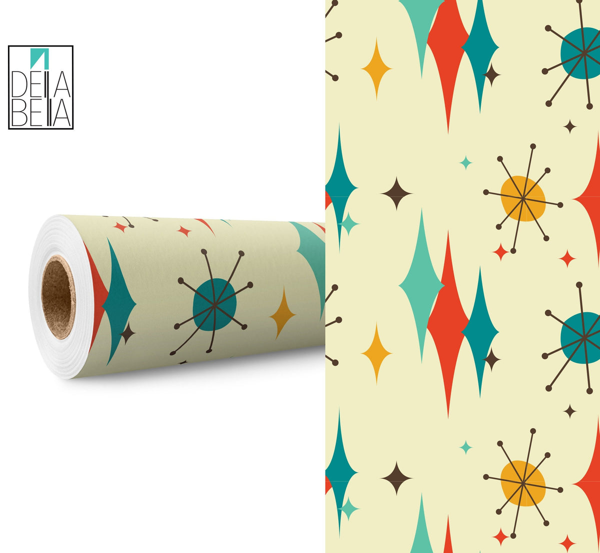 A roll of vinyl wrapping paper with a mid-century modern geometric pattern featuring stars and other shapes in various colors.