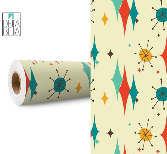 A roll of vinyl wrapping paper with a mid-century modern geometric pattern featuring stars and other shapes in various colors.