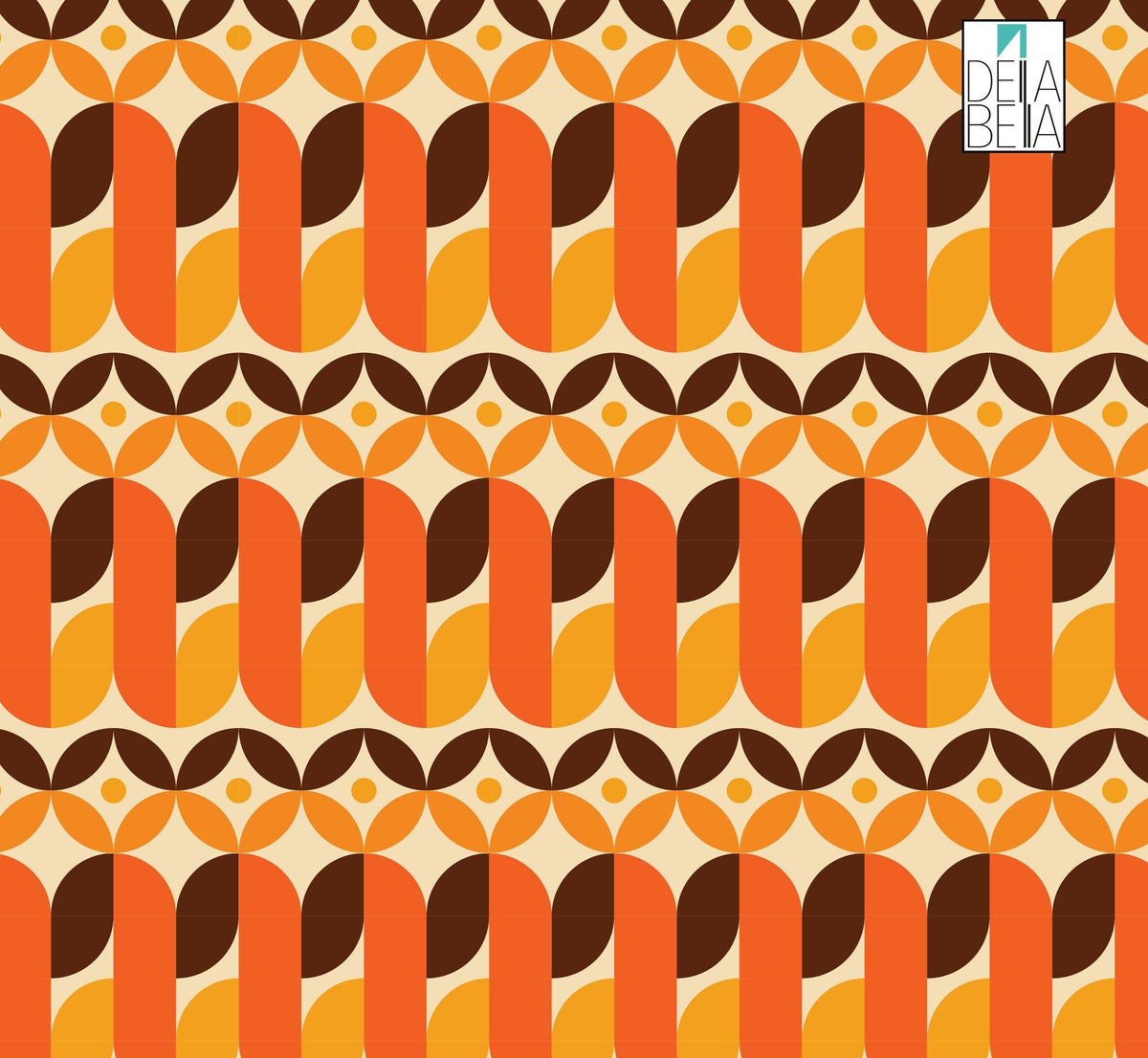 A retro patterned self-adhesive vinyl sheet in orange, brown, and beige colors, designed for use on furniture or appliances.