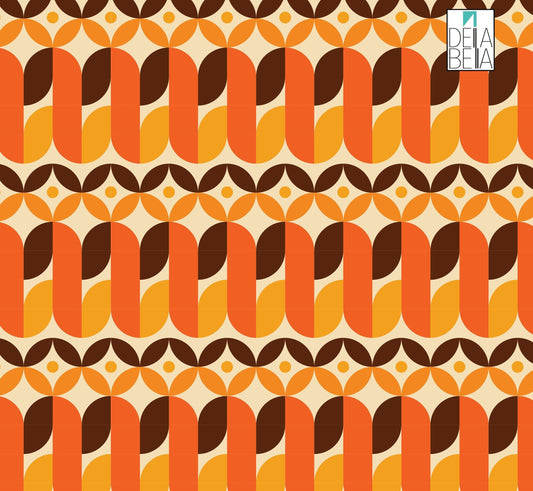 A retro patterned self-adhesive vinyl sheet in orange, brown, and beige colors, designed for use on furniture or appliances.